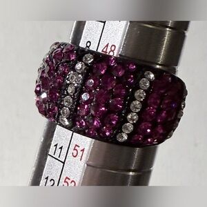 Black Coated Stainless Steel Ring with Pink and Clear Rhinestones Size 5